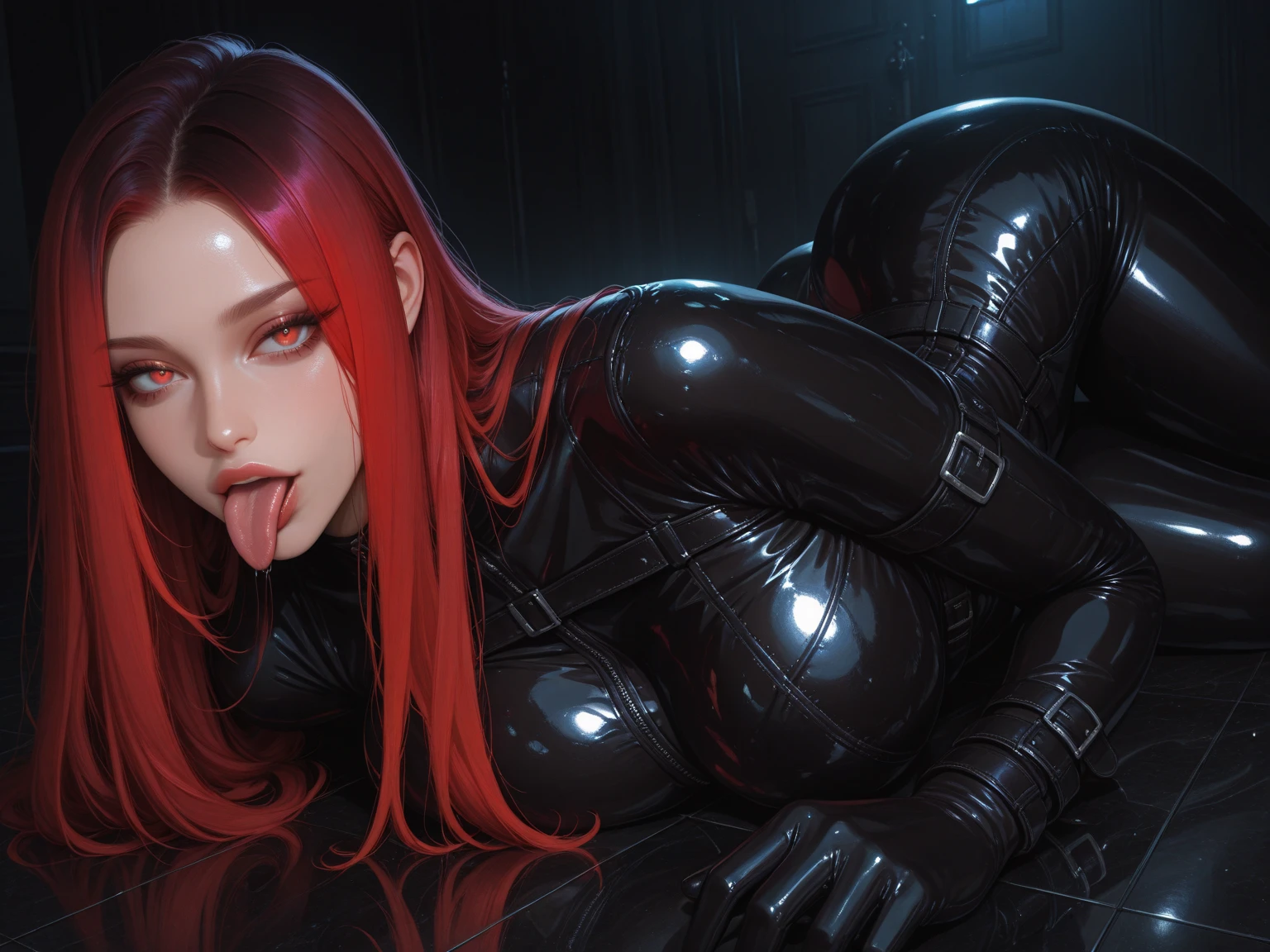 Redhead babe, black mask, full-body lens, 8K resolution, strong figure, {{Huge_breast}}, straight chest, slender waist, tall, slender legs, thin and transparent tights, {{latex}}, {{glossy}}, {slim}, fair skin, {black_stockings}, highest details, light curls, long bangs, openwork, side space, various tattoos all over the body, open legs, sitting on the bed --auto --s2