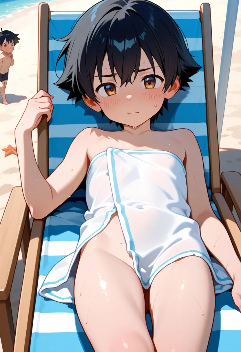 (masterpiece:1.2), (highest quality:1.2), Perfect Eyes, Perfect Face, Perfect lighting, middle ages, middle ages, beach, 1boy, Black Hair, blue eye, blunt bangs, short hair , Ahoge, ((((Nude)))) , open mouth, front, spread legs, arms behind head, sweat, eyes closed ,(disdain), (scared), From above