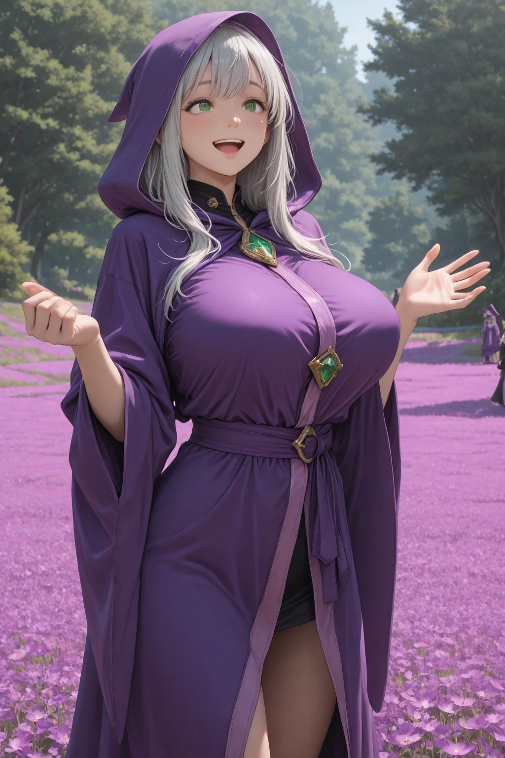 high quality, masterpiece, best quality, purple hair, long hair, purple eyes, white robe, holds breasts, looks at camera, bent over, large breasts, in the woods full body (NSFW breasts), hdri, extremely naked, nude, nua, pelada, nsfw, gigantic breast 1.9, no half legs