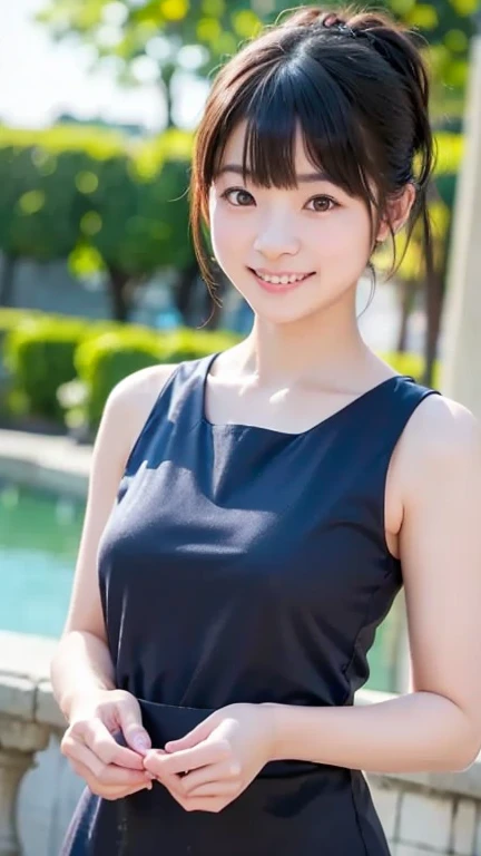 ((Ultra-high resolution)),8K,18-year-old、Leaning forward to reveal cleavage、Small breasts, , Twin tails, Red mini skirt, Navy blue polo shirt、Small cleavage 2:1,Idol Sculpture, Wet, smile、Pink wall、sexy、slender、Shapely small breasts、I can see your thighs、
