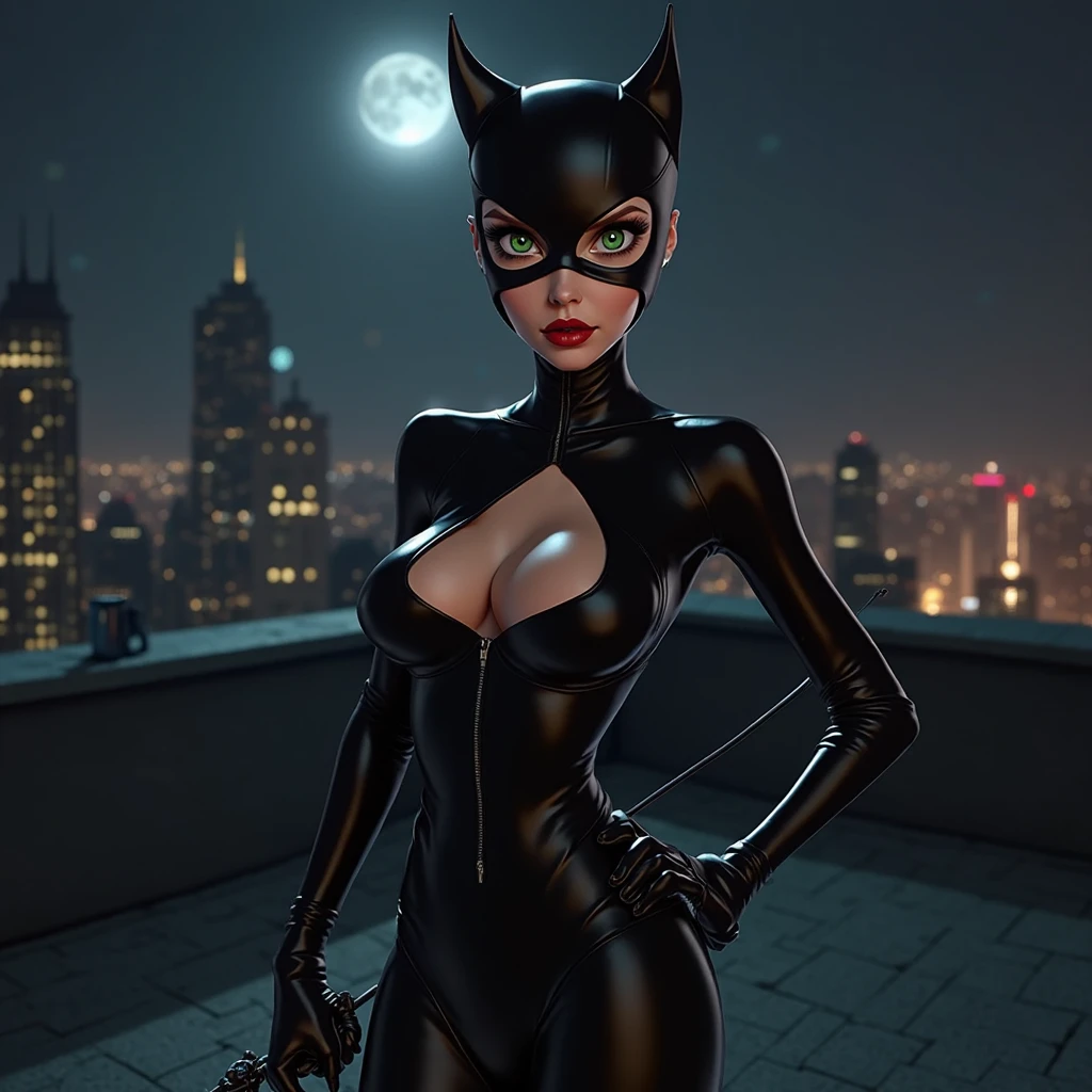 Create a comic book cover illustration featuring Catwoman in an urban night setting.
1. Catwoman should be wearing a tight black suit, complete with a hood with cat ears, a mask, gloves, and boots.
2. She is holding a pearl necklace, with a confident and mischievous expression on her face.
3. There is a black cat sitting next to her, emphasizing the feline theme.
4. The background includes a night sky with a full moon and silhouettes of skyscrapers, creating an urban atmosphere.
5. Use a comic book art style with bold shadows and vibrant colors, highlighting Catwoman against the night background.