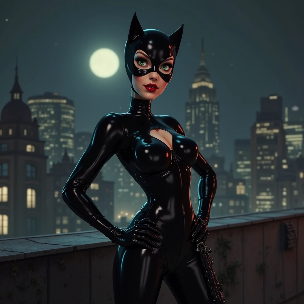 (masterpiece, best quality:1.2), catwoman, 1girl, solo, looking at viewer, bodysuit, deep plunge neckline, cleavage, goggles on headwear, helmet, cat ears, black latex, sexy smirk, tight, gotham city background, 