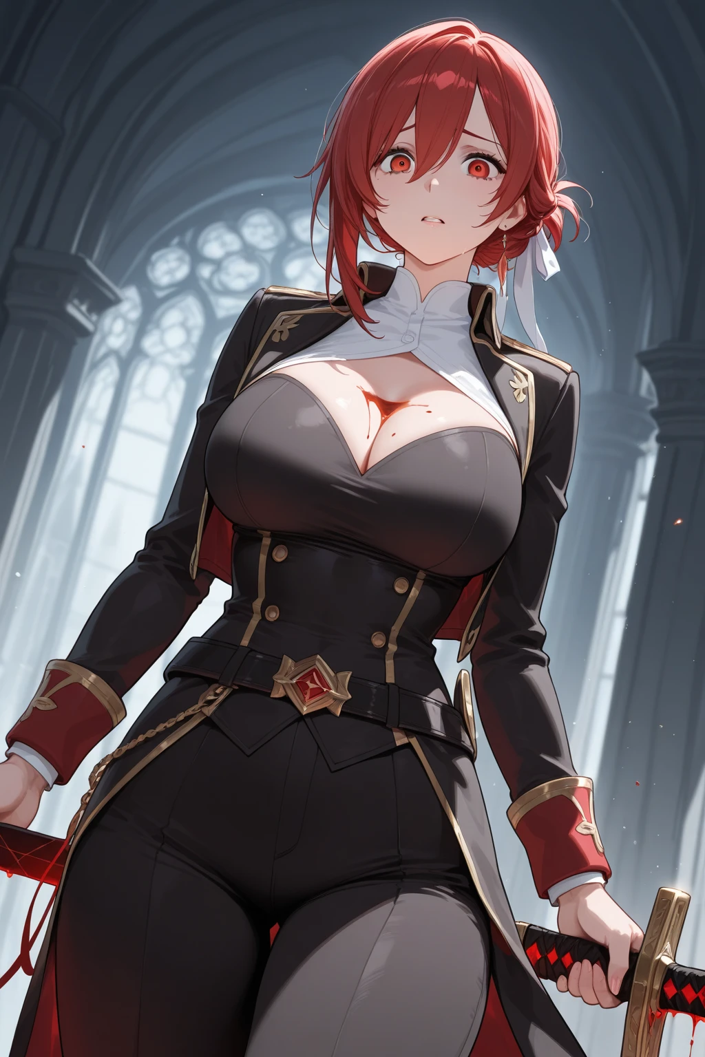 Medieval warrior woman, full body, fantasy world, solo, masterpiece, best quality, Anime, hyper-detailed, absurd, short red hair, slender, dynamic lighting, high resolution, sharp focus, depth of field, detailed eyes, sharp pupils, realistic pupils, (large breasts), Medieval city