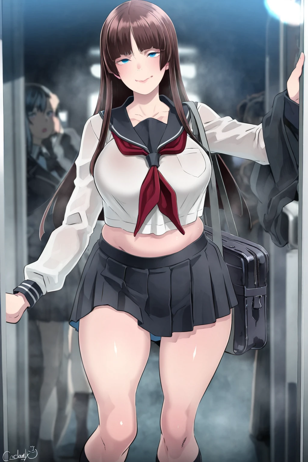 Masterpiece, best quality, small 1girl, dark red hair, wide hips, ((very huge breasts)), no pants, sailor top, backpack, (standing), from afront, bratty, ((detailed pussy)), inside train, bratty girl, o-mouth, underboob, pussy juice, (sloppily dressed), sweat, (pussy juice), ((crowded train)), ((multiple people)), ((multiple men)), surrounded by people, blush, detailed open mouth, (panting), gasping, exhibitionism, upskirt, (((by shindol))), (tsf monogatari), shindol.
