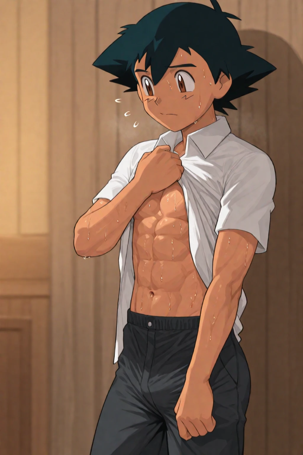 1boy, 1solo, ash ketchum, black hair, brown eyes, hair between eyes, ash ketchum, inside a beach house, room, at night, tank top, shirtless, shorts, handsome boy, macho, good looking boy, sexy poses, taking off his tank top, lifting his tank top showing his chest and abdomen, undressing of his tank top