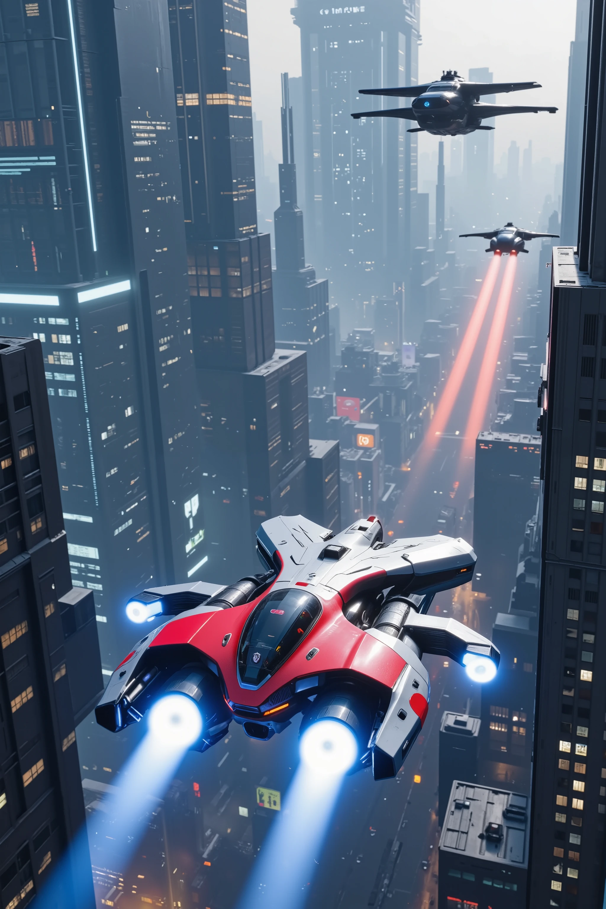 In a sprawling futuristic cityscape, flying vehicles navigate between towering skyscrapers that stretch into a misty sky. The scene captures dynamic movement, with sleek hovercraft zooming past at high speeds. The foreground is dominated by a prominent, red and silver futuristic vehicle, emitting bright blue flames as it speeds forward. Close behind, a dark, streamlined vehicle projects fiery red trails, enhancing the sense of velocity and motion.
The surrounding buildings, clad in reflective surfaces and dotted with countless illuminated windows, create a labyrinthine backdrop typical of a cyberpunk setting. The lighting is a blend of cool blues and warm reds, establishing a stark contrast that emphasizes the vehicles' swift movement. The atmosphere feels charged and futuristic, with layers of bright lights reflecting off metallic surfaces, hinting at a bustling urban environment below. Despite the dense cityscape, the high altitude provides a sense of freedom and expanse.