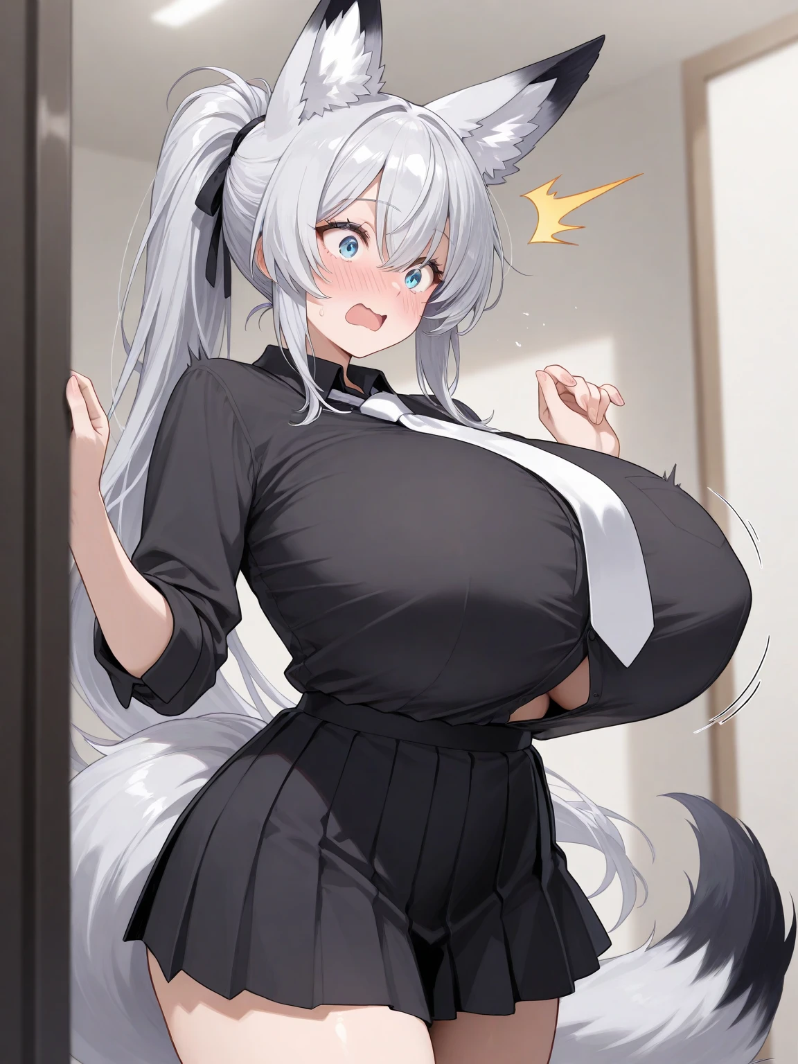 1girl,solo,Mature Women,Females in heat,grey hair color,long hair,wolf ears,blonde eyes,slanted eyes,super huge breasts,slender,black knit long sleeves,breath,amorous glance,mature and sexy,looking at viewer,near,standing up,house,in room