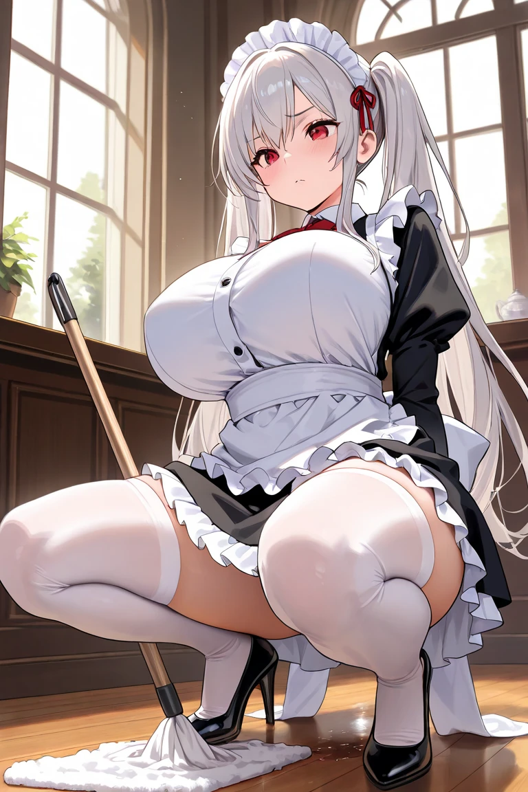 Masterpiece、Highest quality、Highest quality, (Long, slender legs, shoes:1.2), (squat, Spread your legs), (Hands behind the body:1.2)、1 girl, (smile、Open your mouth大笑い:1.2), Cute eyes, (Detailed face:1.3)、Open your mouth, The whole face turns red, alone, Oversized breasts, Big and ample breasts, (Straight bangs, Twin tails:1.2), (White maid outfit:1.2)、(Nipples、Ultra-micro bikini that only covers the bust digs into the skin:1.2)、Side bust、Underbust、belly button、Walking through the mansion'corridor、Browsing Caution、shoes下