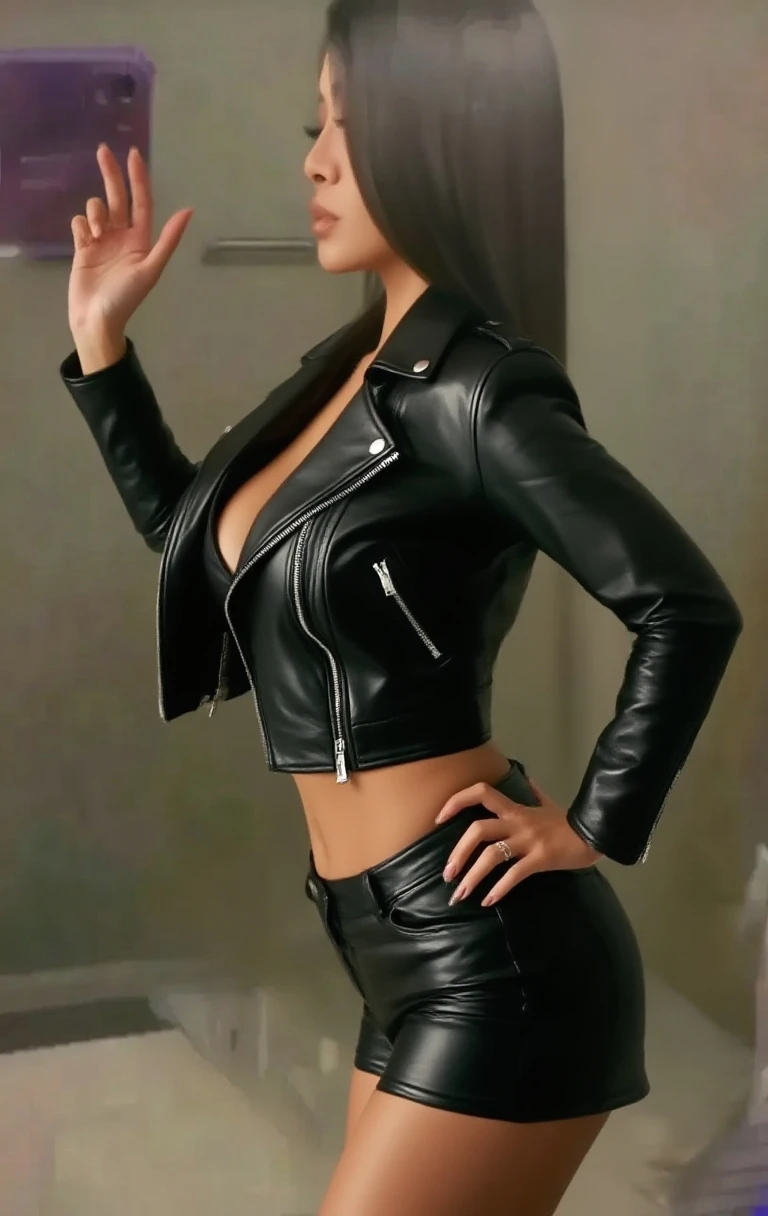 Hyperrealistic and detailed full body photo of a Bella Thorne, smiling beautiful women, big boobs, oben ohne, wearing a tight leather mini skirt and a short leather jacket with an open zipper. oben ohne, Standing in an office. Perfekte Augen, (Augen-Make-up:1.1), (Hochdetaillierter Skin:1.1), .......RAW, analoger Stil, scharfer Fokus, 8K UHD, DSLR, High quality, Fujifilm XT3, Korn, awards winning, Meisterwerk.