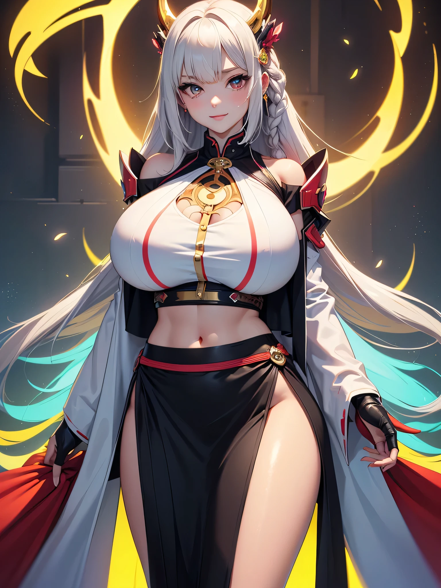 A beautiful and sexy woman with long white hair who has a very sexy body wearing a gold and black and red Taoist Robe outfit in the mortal kombat 11 style