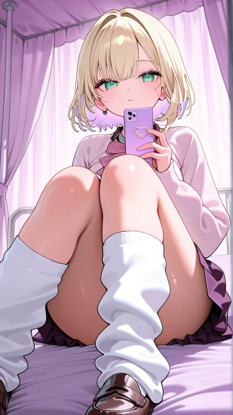 (top-quality)、​masterpiece、extremely delicate and beautiful、astonishing、finely detail、huge filesize、ultra-detailliert、hight resolution、absurderes、((perfect hand:1.2))、 Take a selfie with your phone in one hand、cover one's face、 1girl in、very slender legs、very slender legs、very slender legs、Long legs、very detailed legs、 [is standing|Sitting on a chair|sitting on|Butterflies sitting]、 [Stockings|pantyhose|thighs thighs thighs thighs|knee high]、 iphone、selfy、the pose、small hand、platinum-blonde,Medium Hair,Red-eyed,Senzoku Nishikiki,Lycoris Recoil