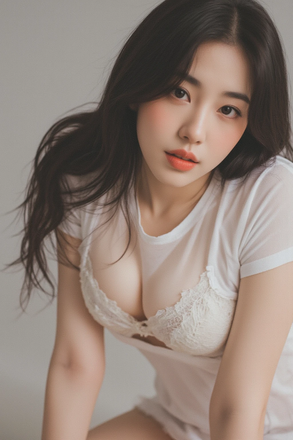 , (Mature body), Solitary,Long gray hair,black hair color, Off-shoulder, black eyes,1 Sister,A sexy pose,best quality,masterpiece,light,Extremely exquisite and beautiful,CG,Unite,8k wallpaper,Astonishing,detailed,masterpiece,Official Art,The content is very detailed Cg Unite 8k wallpaper,Extremely ridiculous,Huge file size,ultra - detailed,high resolution,The content is very detailed,Beautiful and delicate girl,Practical,full,Hotel Room,Light Contrast, Lopez, fully body photo, full, White lingerie