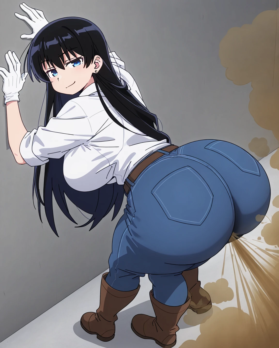 cowgirl's massive rear butt cheeks from behind out of bottomless trench coat out bare and wet boots spreading her legs, bent over showing her butt and folding her arms, sunglasses
