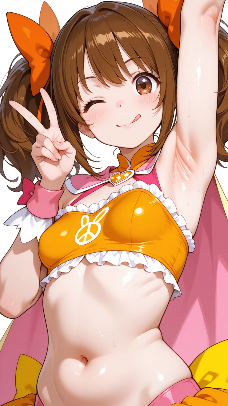 (Perfect body),Best Quality,16 K,(((((Lori)))))、(((((NSFW)))))、(((((blush))))),(((((:D)))))、(((((put out the tongue)))))、(((Peace sign on right hand)))、((One eye is closed))、embarrassed from、(((((Brown skin))))),(Short hair), (((Orange Eyes))),((((Pink hair)))),(Sweat),(((small tits))),((((Wavy Hair)))),Ahoge,hair clips,(white knee-socks),((Big ass)),(((Gold Bikini)))、((camisa branca aberta))、(thick thighs)、(((((short in stature)))))、