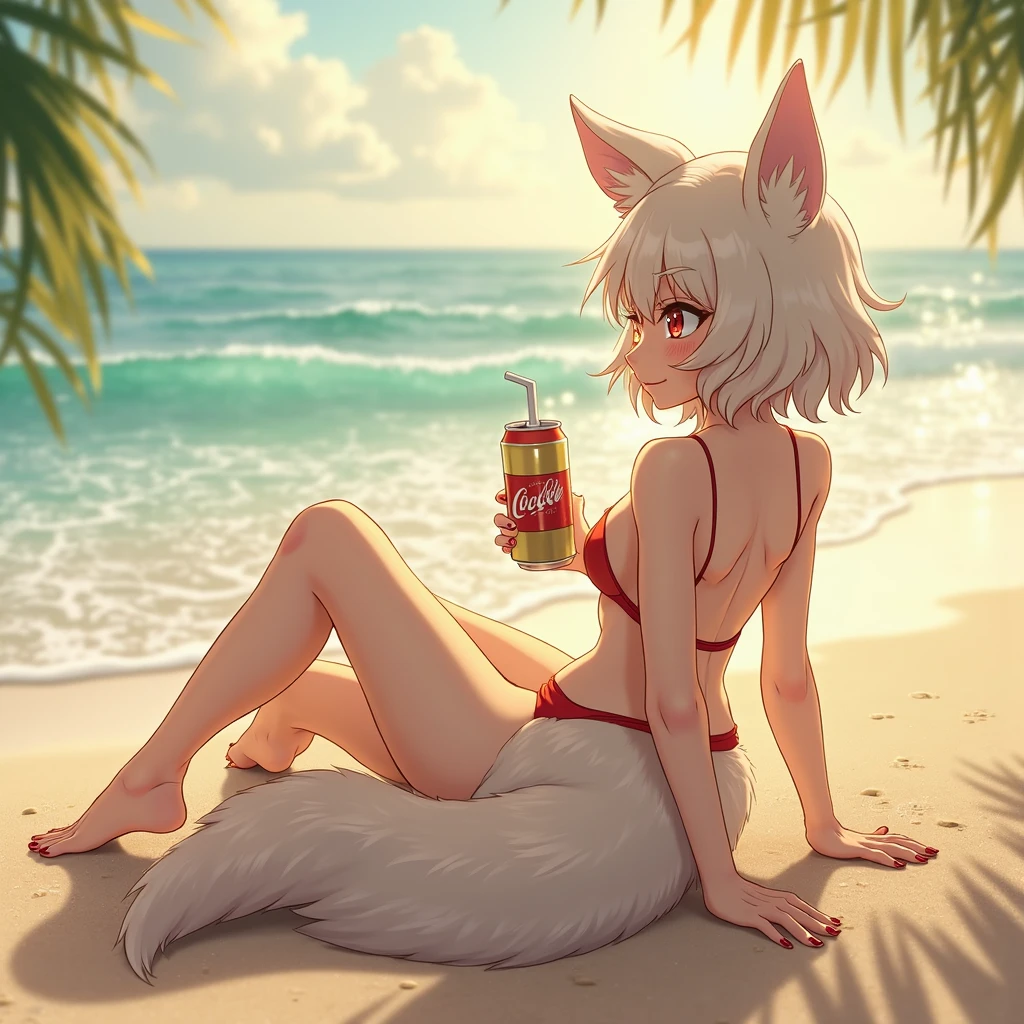 Solo, Score_9, score_8_up, score_7_up, source_cartoon, kemono style, An Anthro furry fox girl, yellow furry body, yellow fox tail , black nose, blonde hair, braided hair, wearing blue daisy dukes, a tied white shirt, visible thong, sunglasses, sunglasses covering eyes, red eyes, smirking, outdoors, sunny day, looking away, majestic, at the beach, sitting on a chair under an umbrella, in front of a food stand, legs crossed, barefoot, toe ring, 4 toes, holding a margarita, d artist: Amakuchi