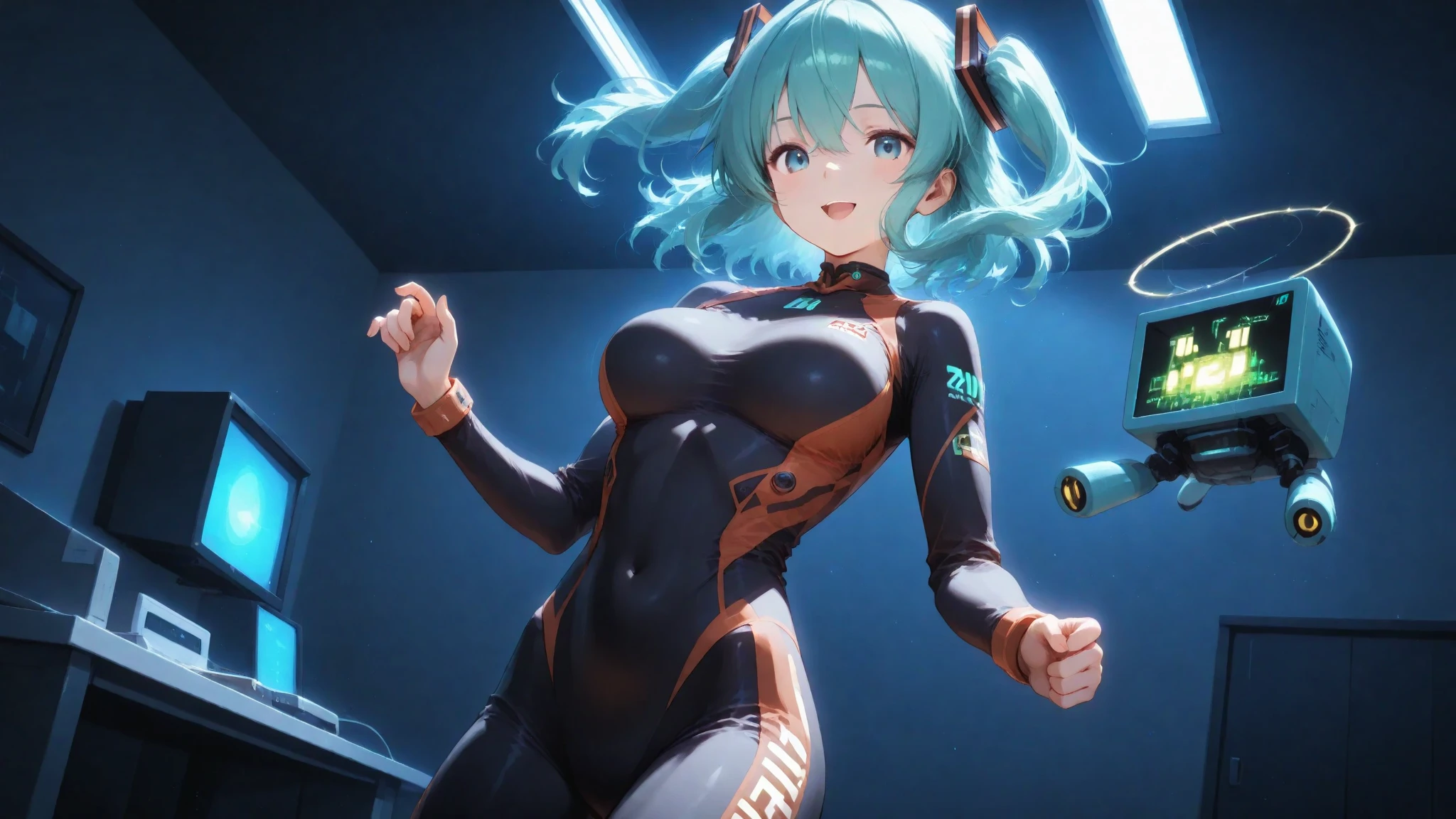 Nejirehadu, Nejire Wave, blue eyes, blue hair, long hair,
break blue body suit, body suit, drill hair, gloves, green body suit, multicolored body suit, colorful clothes, yellow gloves,
break looking at viewer, whole body,
break indoors, classroom,
break (table top:1.2), highest quality, High resolution, unity 8k wallpaper, (figure:0.8), (beautiful and fine eyes:1.6), highly detailed face, perfect sentence, Highly detailed CG, (perfect hands, perfect ???????),