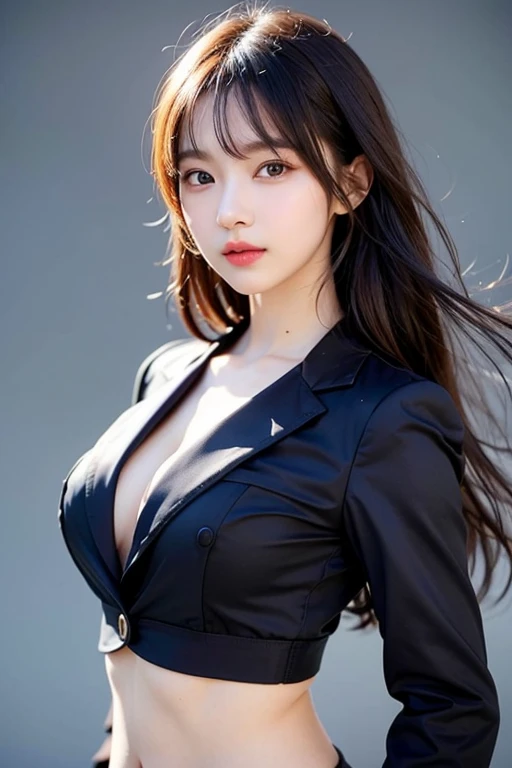 Highest quality, Photorealistic, Ultra-high resolution, 16K wallpaper, Perfect dynamic composition, Sharp details, ((25 year old Japanese woman, Natural Makeup, Clear and elegant expression, Calm atmosphere, Soft hairstyle, Light Skin, Naturally lustrous skin, Simple fashion, Adult sex appeal, Graceful and sophisticated appearance, Beautiful Eyes, Droopy eyes)), ((Slender body)), ((Black medium hair)), ((No bangs)), ((Chest where clothes are about to tear, Ample breasts, Cleavage, Elastic breasts, Bowl-shaped chest, Bust 85cm, Smooth curves, (Natural shape), High tension)), Random sexy poses, Full body photo, Adult smile, (Japanese police officer uniform, Navy Blue Blazer, class seal, White shirt, tie, Tight skirt, Black Belt, Police hat, Black high heels, Police emblem), Crop top, Clothes that show the stomach, Slim waist, Emphasize the midriff, Tight tops, Navel Reveal Style, Downtown at night, Highly detailed, (Transparent nipples, Transparent pubic hair, Transparent body)