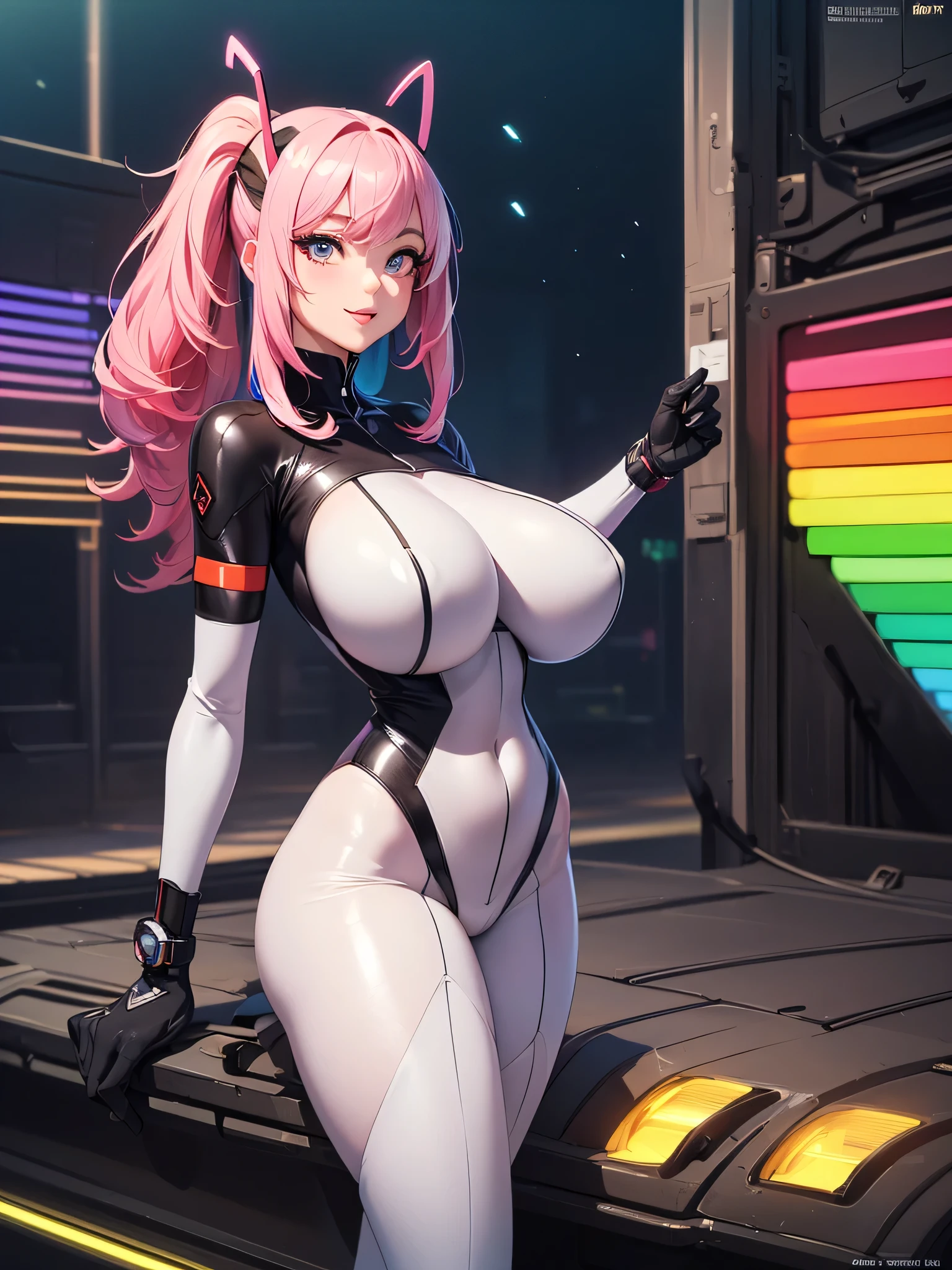(High resolution:1.4)、(High resolution:1.4)、Beautiful girl alone、Dirty Pair、Kay、 View your viewers、smile,、Wearing a tight white outfit, flame, feet, Mid-chest, Redhead beauty, Against the backdrop of a cyberpunk city's dawn, , head band, Narrow waist, Thin thighs, Thigh Gap、 belly button、 Cleavage、 Kneeling