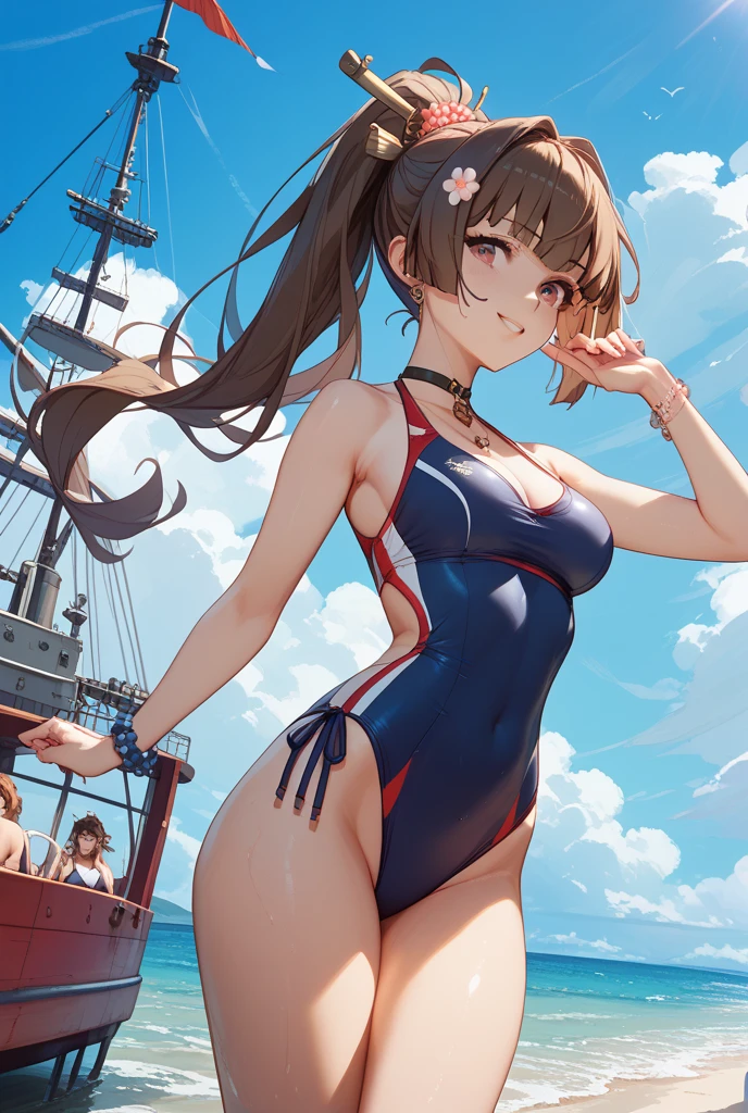 top-quality、Full limbs、complete fingers、Slender beauty、One、ssmile、embarassed expression、Sailor School Swimsuit、knee high、straighten your legs、Put your hands on your hips
