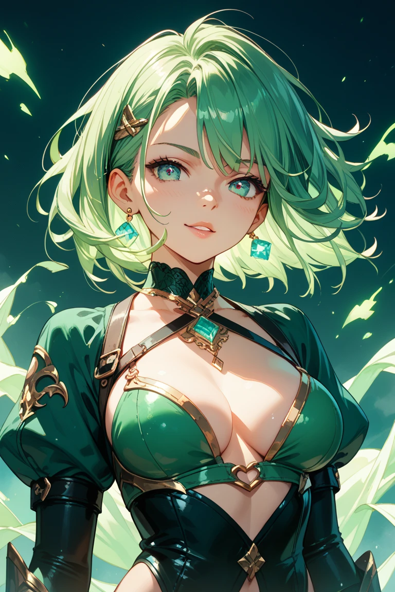 (best qualtiy,8K,32K,tmasterpiece,hyper HD:1.3),Green hair,1个Giant Breast Girl,perfect bodies,Super detailed face,Bust photo,Very small breasts,Black hair,Green clothes,upperbody closeup,Off-the-shoulder attire
