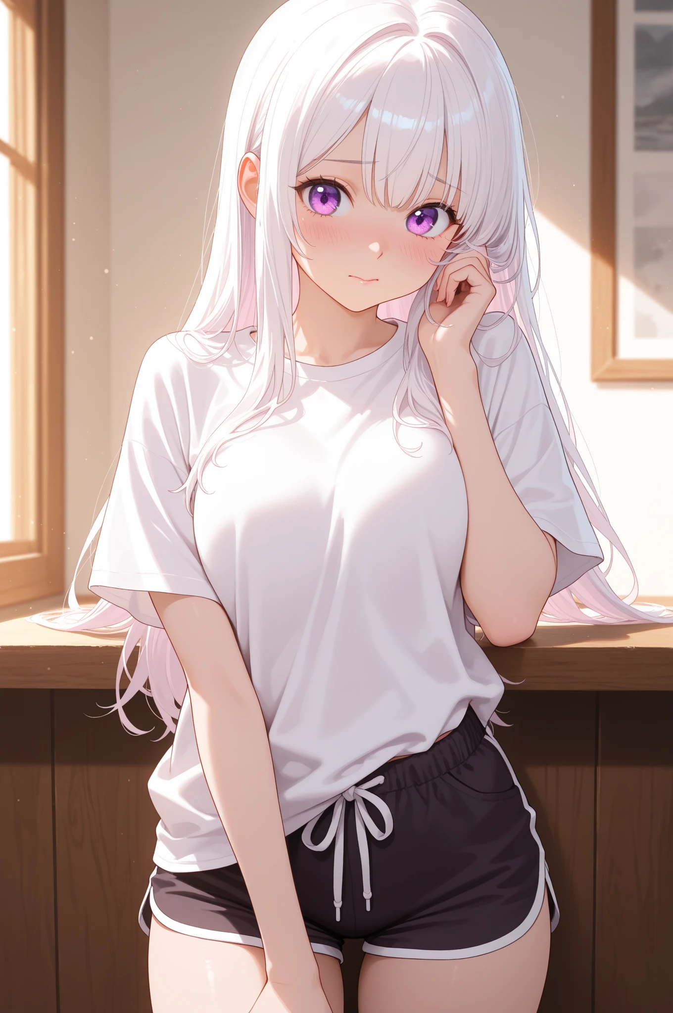 Woman with long hair straight, white hair color, high detailed, realistic, ultra realistic, ((purple shirt)) and short pant, ((red eyes))