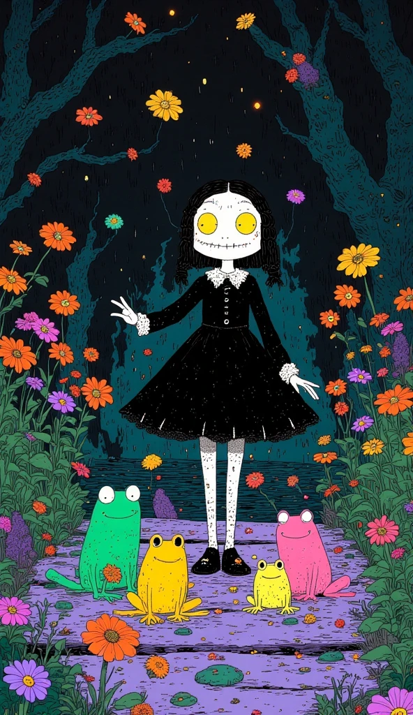 Minimalist silhouette art in the style of Olly Moss, depicting a dark, twisted version of Alice in
Wonderland. Alice is shown as a troubled, almost punk-like figure, with disheveled hair and torn
clothing, holding a bottle labeled *Drink Me with a sinister grin. Surround her with surreal, distorted
elements like oversized mushrooms and twisted trees. The color palette should be dark and moody,
using deep purples, blacks, and blood reds, with sharp contrasts between light and shadow. The
background should hint at a chaotic Wonderland, with a foreboding atmosphere.