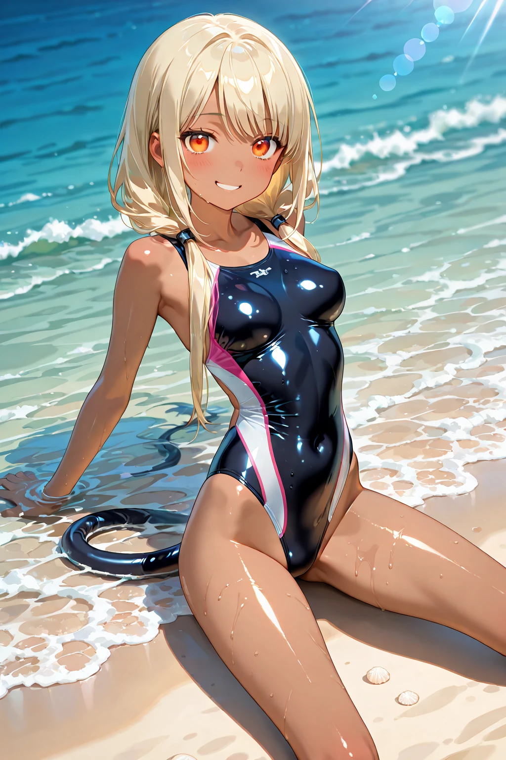 Anime style girl with a very tight swimming suit with a cameltoe and strong shapes but small breasts. She spreads her legs.