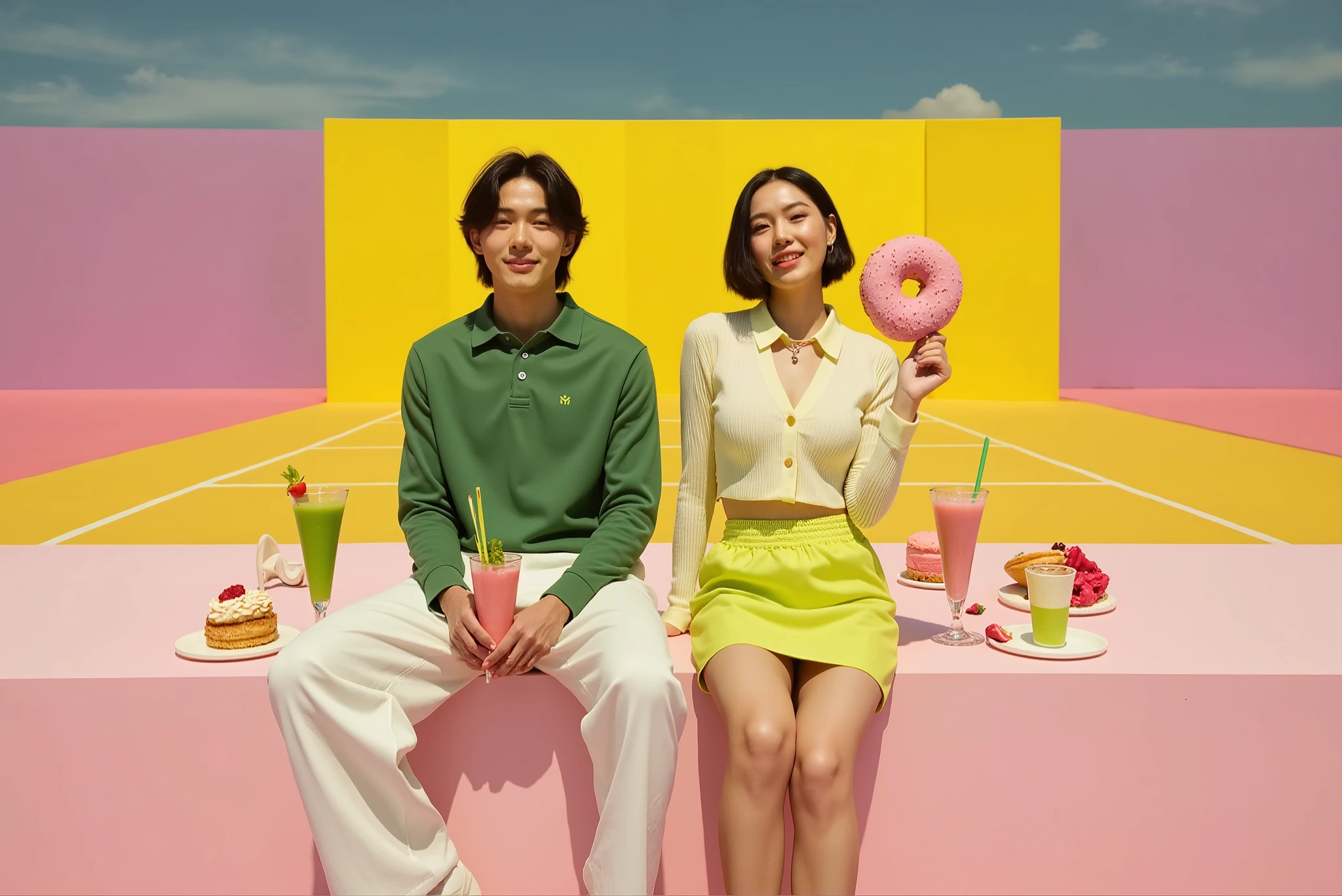 subject: stylish Thai couple sitting side by side in a surreal tennis court
outfit: man in dark green polo shirt with white trousers; woman in cropped ribbed cardigan and neon lime mini skirt
fabric details: soft cotton knit, ribbed textures, matte cotton twill, structured stretch waistband
garment style: retro preppy with minimal futuristic twist; clean silhouettes, cropped length, elegant collars
color tone: vivid chartreuse, dark ivy green, pastel lemon, blush pink, candy pink, mango yellow, lavender mauve
pattern type: solid color blocking, no prints, strong contrast via palette
pose: casual but confident; man sitting still with hands resting, woman smiling and lifting a pink donut playfully
background: abstract tennis court rendered in flat pastel planes — candy pink, bright yellow, lavender purple — with symmetrical layout
lighting: clean studio light with mild ambient shadows, hypercolor tonal contrast
mood: modern sweetness, editorial chic meets dessert fantasy, polished and playful
camera angle: centered wide shot, slightly frontal eye level
keywords: pastel food fantasy, surreal minimal tennis court, K-pop inspired styling, FLUX neon-pastel world, color-block harmony, soft luxury meets youth culture, editorial candyland, Thai aesthetic modernism