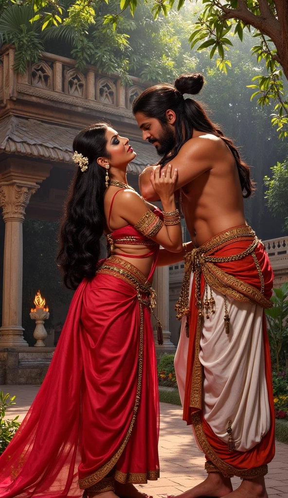 Hanumanji giving hug to his disciple.a round designer gada on side, blurred background of shivling