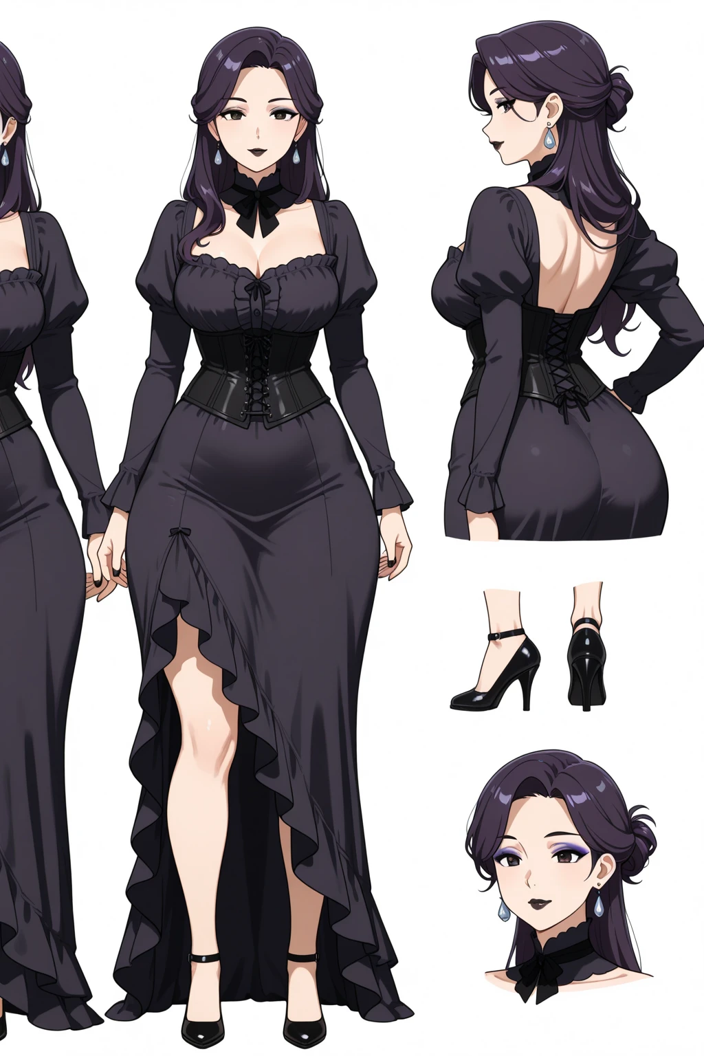 anime, noble woman, 18 years old, psichopath, beautiful, the most beautiful lady in the world, wine red hair, wavy hair, evil smile, noble lady, purple eyes, round breast, black dress, long dress, high quality, detailed face, masterpiece, 8k, sinister smile, sadistic look, looking at camera, character design, character design sheet, villainous lady, manhwa, arrogant, dark red wavy hair, pixel art, big breasts, long black dress, luxurious, wearing necklace and earring, wearing rings and makeup, red lips, black eyelashes, sinister look, brighter colors more saturated colors