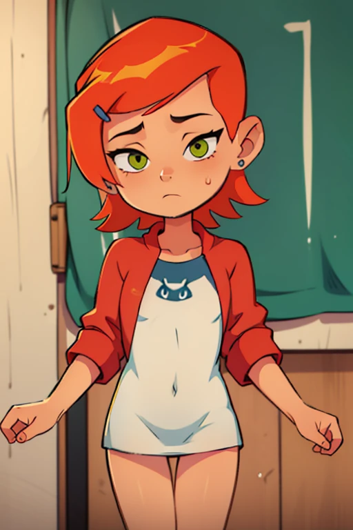 RanmaChan, Red hair, Braided hair, blue eyes, detailed eyes, whole body, Cleavage Bulge, naked, white tank top, too much cum