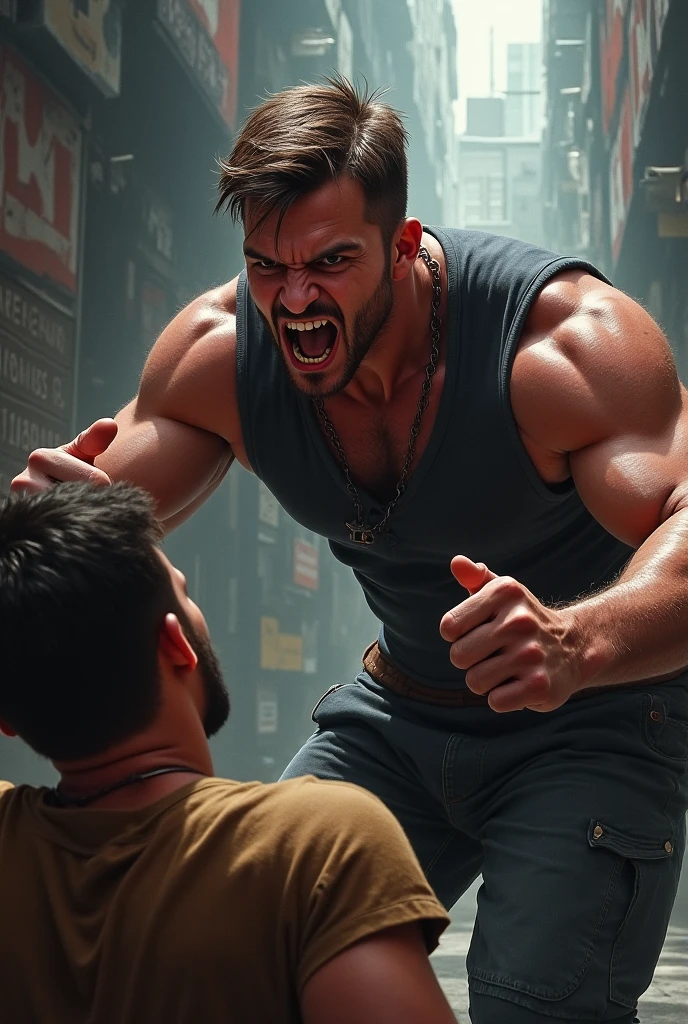 A man angry with chop a man's head on his hand