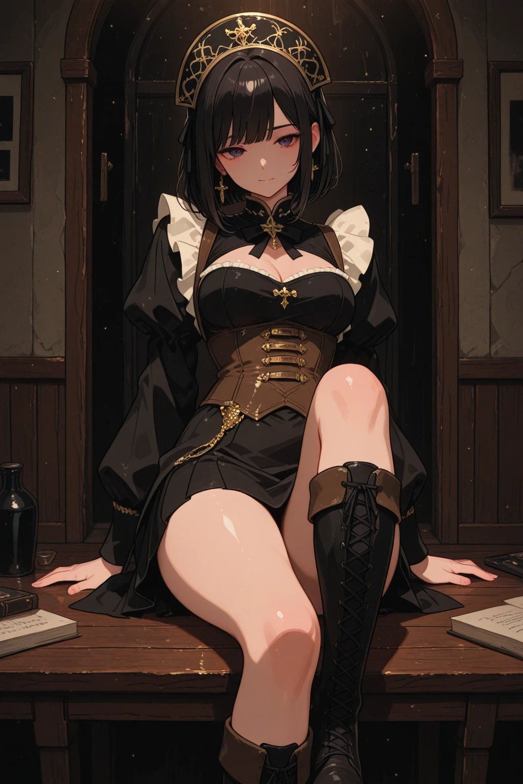 absurd res, high res, (masterpiece:1.4), ultra-detailed, 1girl, from front, hanging from collar, leach, Chinese dress, black dress, stockings, black hair, yellow eyes, yellow eyes, submissive, bondage, tied, handcuffs, tied legs, spread legs, forced submission, from front, stripped panty, humiliation, bound arms, arms tied, bdsm, blushing, restrained, crying, kneeling seiza, pee, hanging breasts, aroused expression, penetrated expression