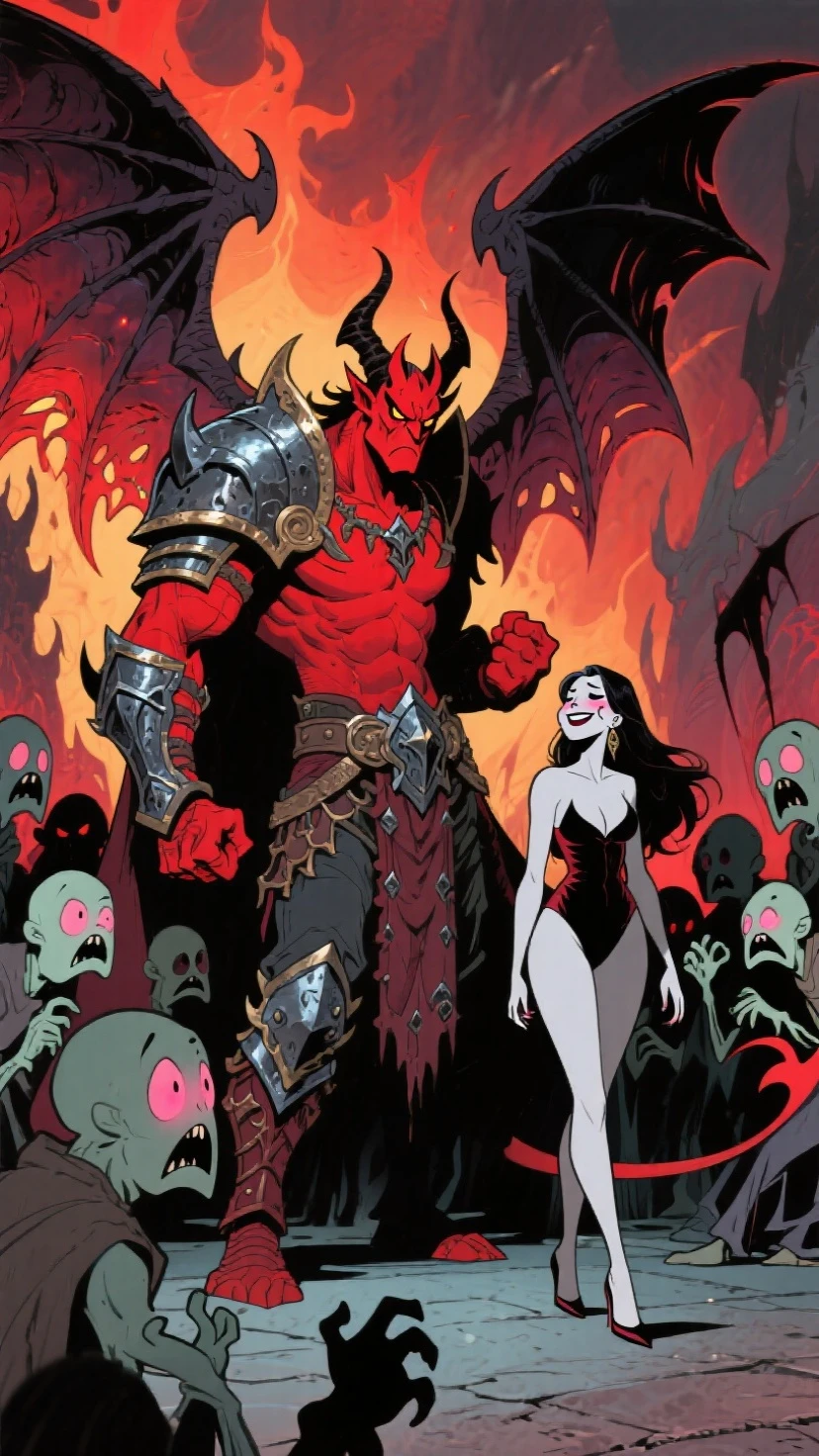 sexy girl loves giant demon,(art inspired in Skottie Young and Bill Sienkiewicz). oil painting)