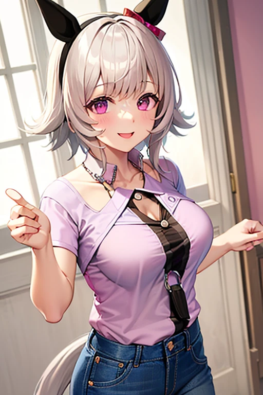 touhou project, realistic, intricate detail, girl,woman,female, young,20 years old, medium hair, bob cut, wavy hair,(white hair:1.5), ((pink colored inner hair)),delicate and intricate hair, delicate beautiful face, smile, complex details beautiful and delicate eyes, cleavage, (zettai_ryouiki), (grey eyes), Authentic skin texture, piercing, Lots of earrings,necklace,((blazer)) ,(Unreal Engine,Digital Art,the Extremely Detailed CG Unity 8K Wallpapers),