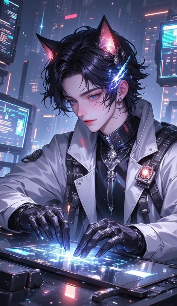 by josan gonzalez,masterpiece, (1man), (half body), tall young man, ((male focus)), tall mature guy, long black hair, neon blue horns, pale skin, scarlet eyes, moles, , sparks, particles,cyberpunk, cyborg, looking_at_viewer,, fortified suit,long black coat, black plugsuit, solo, standing, symmetrical eyes, eyeshadows, detailed face and eyes, dynamic lighting, cinematic lighting, volume lighting, ultra high resolution, cyberpunk, night cyberpunk city with neon lighting, futobot, <lora:Futuristicbot4:0.65>, <lora:deathburger josan gonzalez:0.55>, modelshoot style, (extremely detailed CG unity 8k wallpaper), professional majestic oil painting by Ed Blinkey, Atey Ghailan, Studio Ghibli, by Jeremy Mann, Greg Manchess, Antonio Moro, trending on ArtStation, trending on CGSociety, Intricate, High Detail, Sharp focus, dramatic, photorealistic painting art by midjourney and greg rutkowski