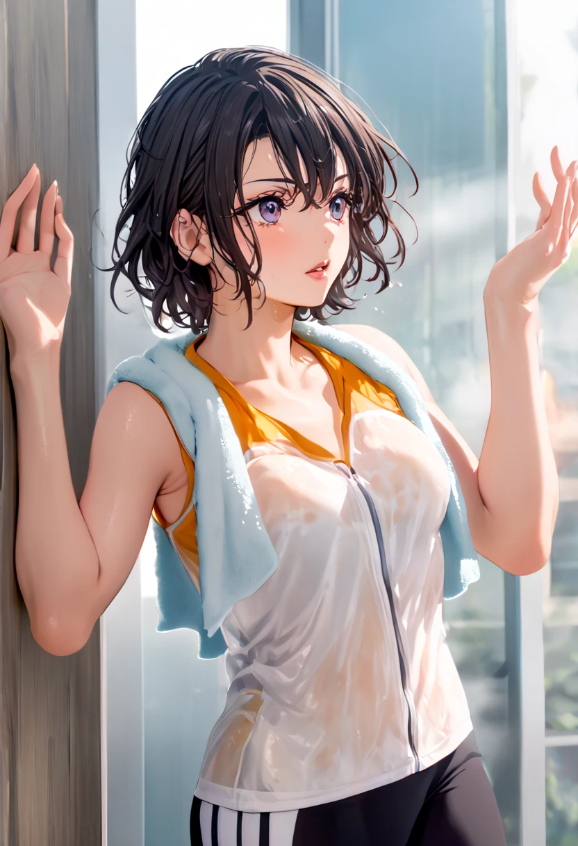 Cute girl . so cute , Round Face . Solitary , Slim ,  Short stature . Glowing skin . Pure white tube top T-shirt . shorts , White background , Looking at the audience&#39;s slender and sexy legs， Put your hands behind your head((Clear nipples))、Rocket , (Large Breasts),（because I&#39;Thin） , 身材Short stature . Smooth skin . Plain white T-shirt . 
Huge breasts:1.4，Full breasts, (20 years old:1.2), Cute little trumpet, entity, Sweating of the skin, Radiant Skin, Slim, Black short hair, (Dull bangs: 1.2), Smile, Cute face, Exquisite eyes,, ((naked，Wrapped in a towel)), ((hot spring)), (Not wearing), (wet), (Bend and take off), ((wet hair)),Legs open), ((Sexy and dynamic pose)), view, Looking at the camera, Denim lenses, best quality,Super detailed, high resolution, Extremely detailed CG, Unity 8K wallpaper, Official Art, Creative arts, Novel illustrations, By famous artists, Caustic lines, Textile Shading, Super delicate skin, Perfect anatomical structure, detailed, light, Dynamic Lighting, 美丽而Exquisite eyes, (Top quality), (Super detailed), (Masseter membrane), (high resolution), (The original), Character Conception, Game CG, detailed Manga Illustration, Realistic head to body proportions:1.2
