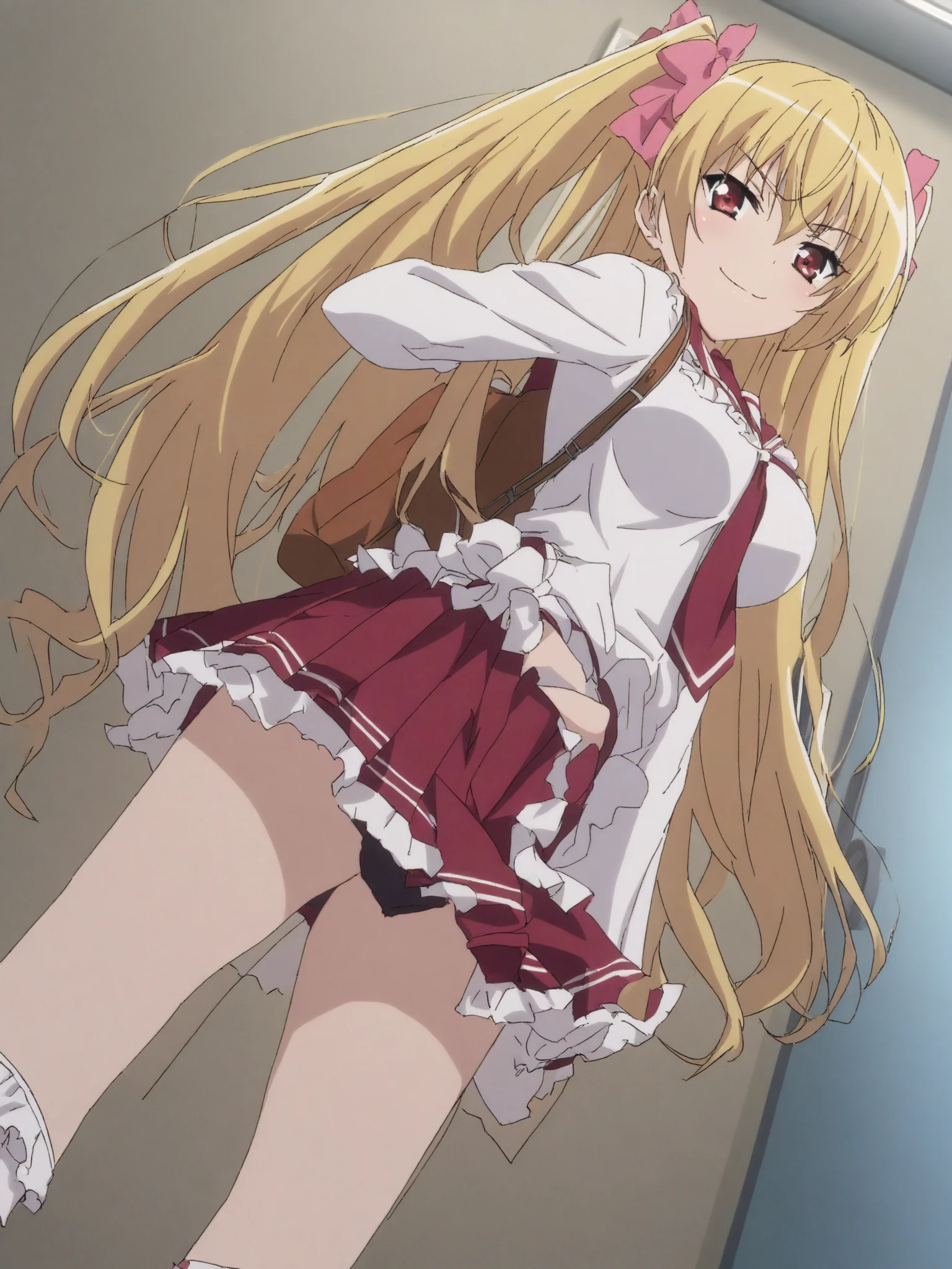 Without skirt、Without skirt、White underwear、In underwear、Panties in full view、White panties、 1, 1girl, asahina mikuru, long hair, kita high , solo, short sleeves, red ribbon, large breasts, cowboy shot, waving, outdoors, Underwear in full view、スカート無し