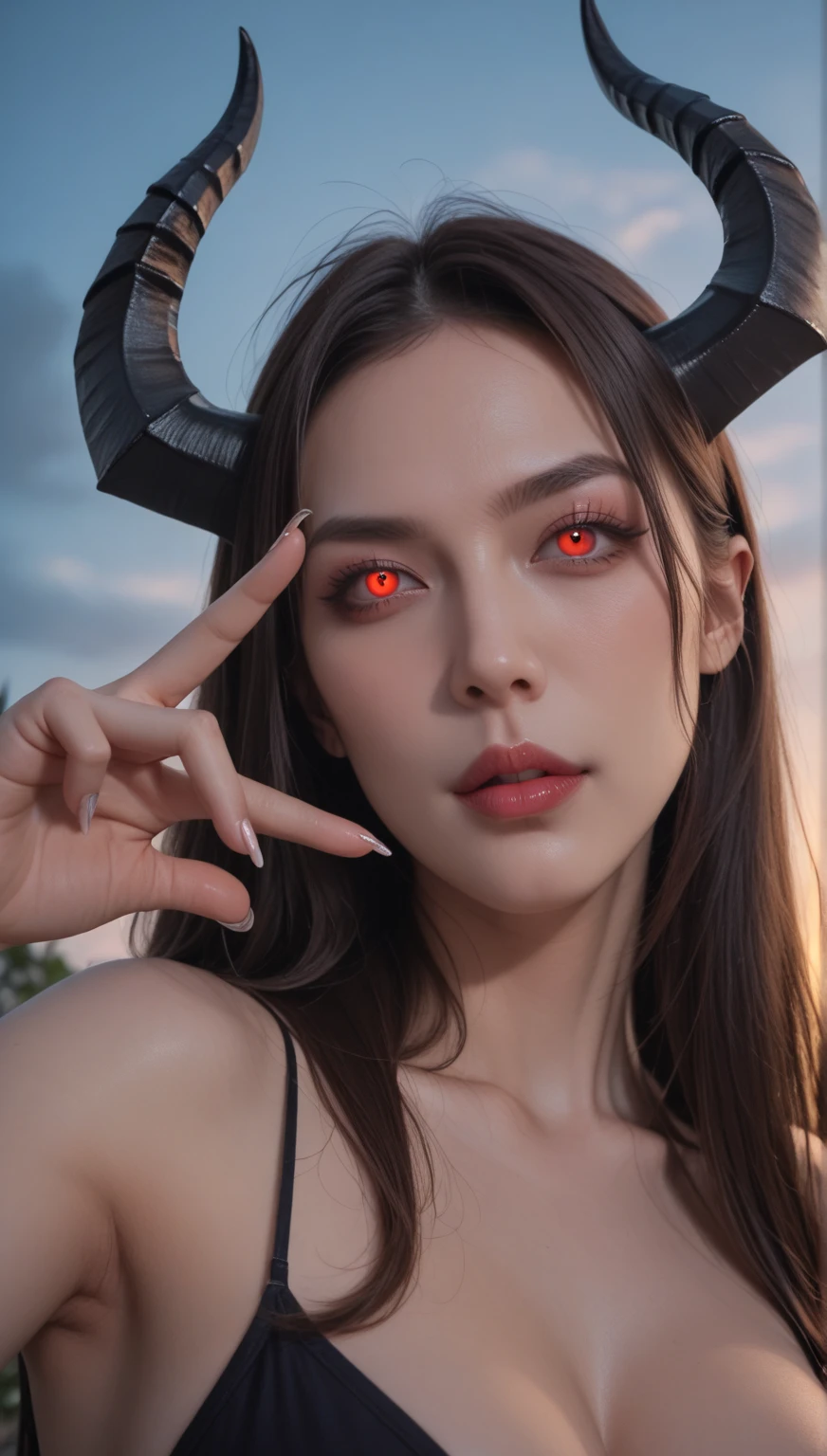 horror-themed Wide angle digital illustration, (Demonic female character with dark ash-gray face:1.3), Symmetrical composition, Cracked stone texture, Golden veins, (Red luminescent eyes:1.3), Several twisted horns, Intricate golden metallic details, (Golden veins on neck and shoulders:1.2), Gothic architectural background, Bluish light from top center, (Ominous atmosphere:1.2), Deep shadows, Highlighted facial features, Sinister expression, Realistic digital art, Fantastic influence, eerie, unsettling, dark, spooky, suspenseful, grim, highly detailed