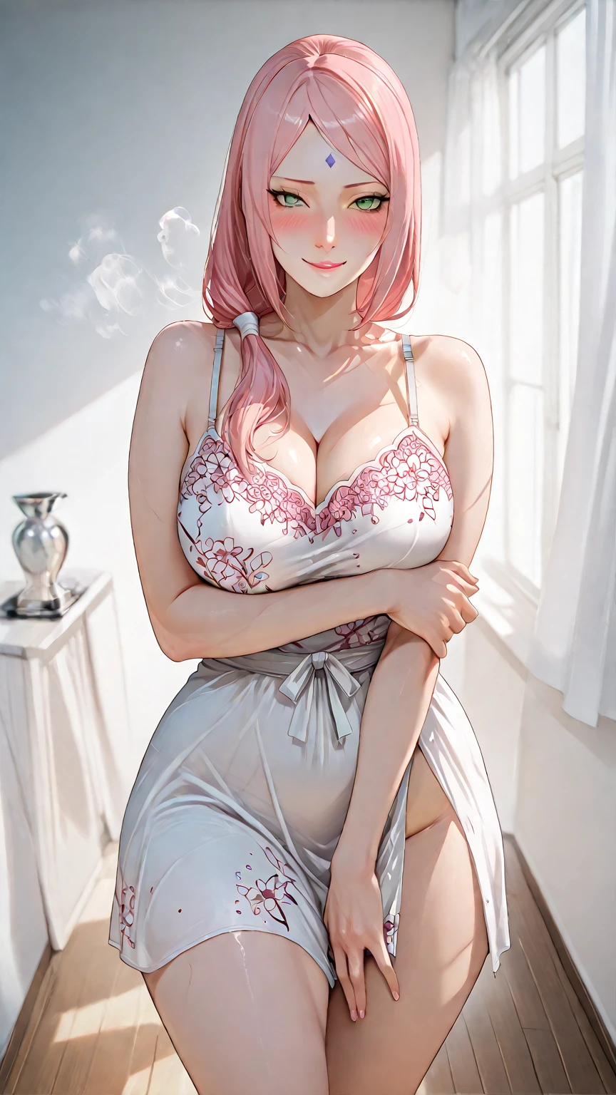 ((Highest quality, 8k, masterpiece :1.3)), (Sharp focus :1.2, Beautiful woman with perfect figure :1.4, Slim Abs), ((Big Breasts, Emphasize cleavage:1.2)), (Photorealistic:1.4), (realistic:1.4), (Pink Hair:1.5), Highly detailed face and skin texture, Fine grain, double eyelid. Makeup face, A little bit of lipstick, sex appeal, Sexy gravure pose, ((A gal wearing a white lace dress、Smiling in the background of a luxury spa。Pearl necklace and earrings、She wears high heels that accentuate her beautiful legs.。:1.3))