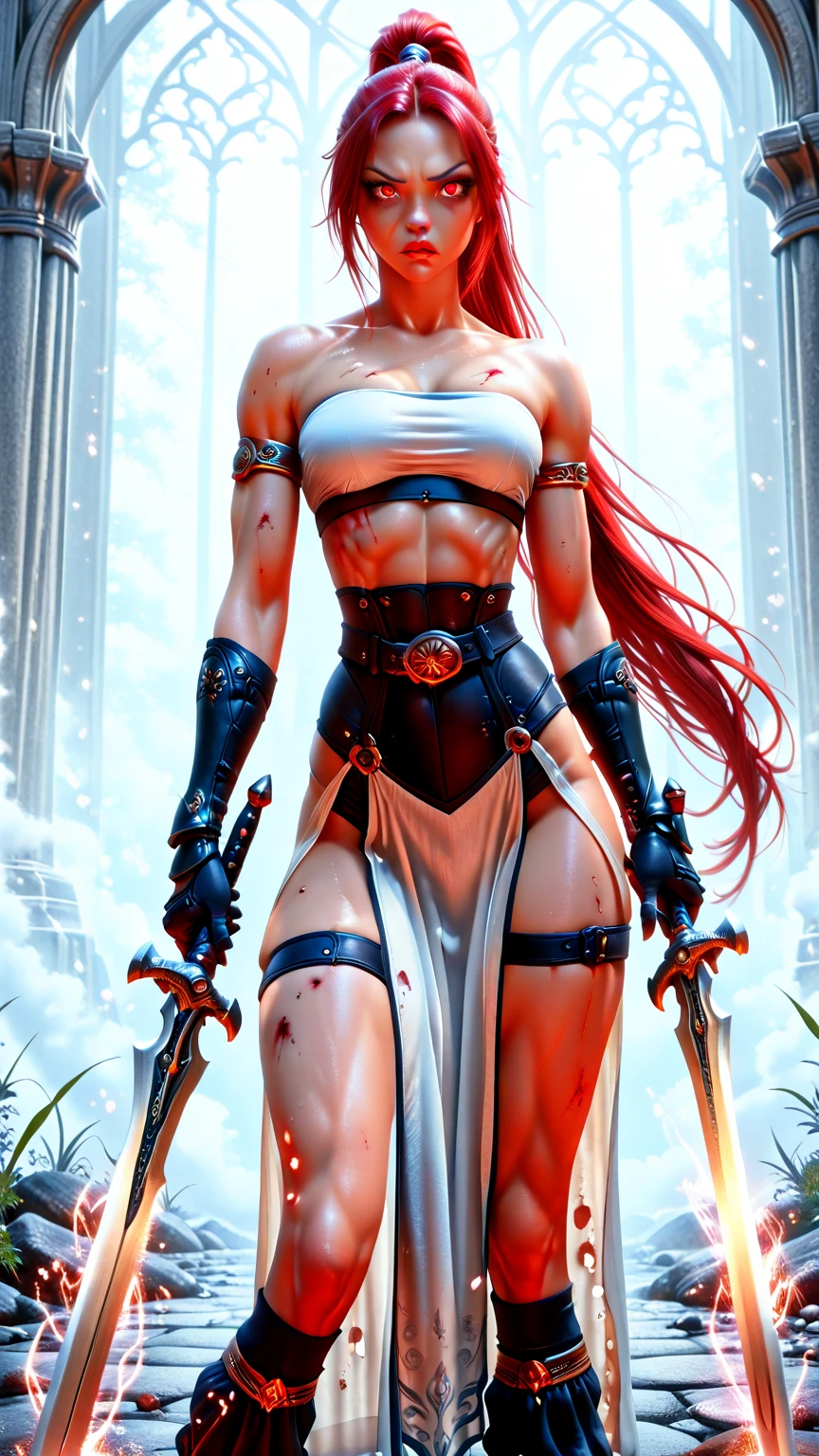 Fighting posture,Great sword in hand,Full body photo,Pink Long Hair,A stunning stunner,musculature,tattoo all over body,Broken bikini,Raised sexy,scar,Traces of battle,scar,blood stain