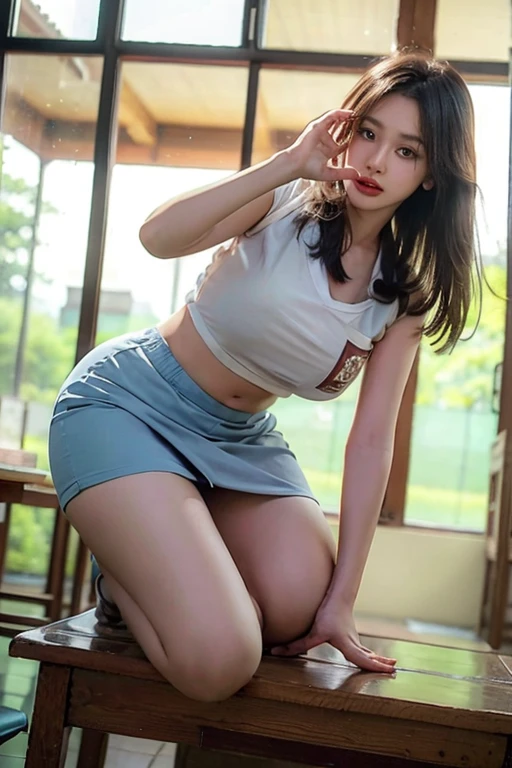 (((Masterpiece, ultra-hd, sharpen image, ultra realistic, detailed, ultra detailed))) a 26 years old girl, proportional face, perfect anatomy, big breast, updo hair style, beautiful eye lids, earings, neckle, bracelet, diamond, (( Wear a only white tshirt, short pleated skirt, high heels, no bra,)), smile in laugh, beautiful skin, standing, full body wide angle. Perfect body shape