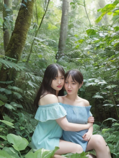 One Girl、(Japanese、10 year old girl、long hair、薄いone piece、)、rain、in the forest