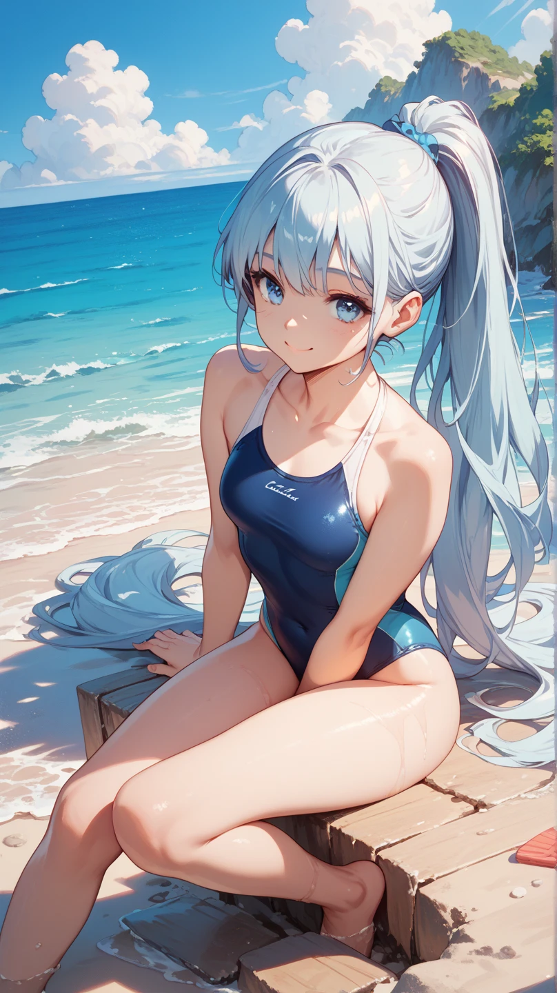 Beautiful woman, Hair blowing in the wind, Sparkling blue eyes, Realistic, masterpiece, Detailed, 4K, Beach Background, Detailed light, A small smile, White skin, Woman in swimsuit, straw hat, Ocean, Rash guard, bikini, Ocean辺, Ukiwa, Sitting