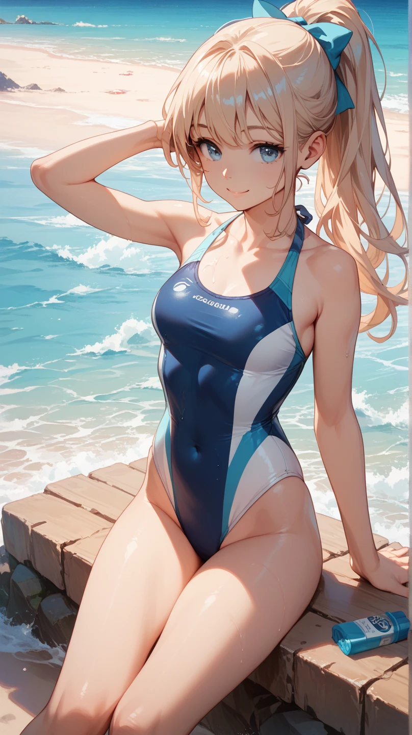 ((Best Quality)), (ultra-detailliert), ((Extremely detailed)), (Beautiful), ((Kawaii Girl)), ((UHD)), (masterpiece), (high quality), (best quality), (4K), (high quality), 1, solo woman, 1woman, ((platinum blond hair)), parted bangs, ((hair intakes)), long hair, (hair two side up long), ((jade colored eyes)), slanted eyes, large breasts, slender body, competition swimsuit, Pool Background, (blue sky:1.3), solar, sunlight, anime style