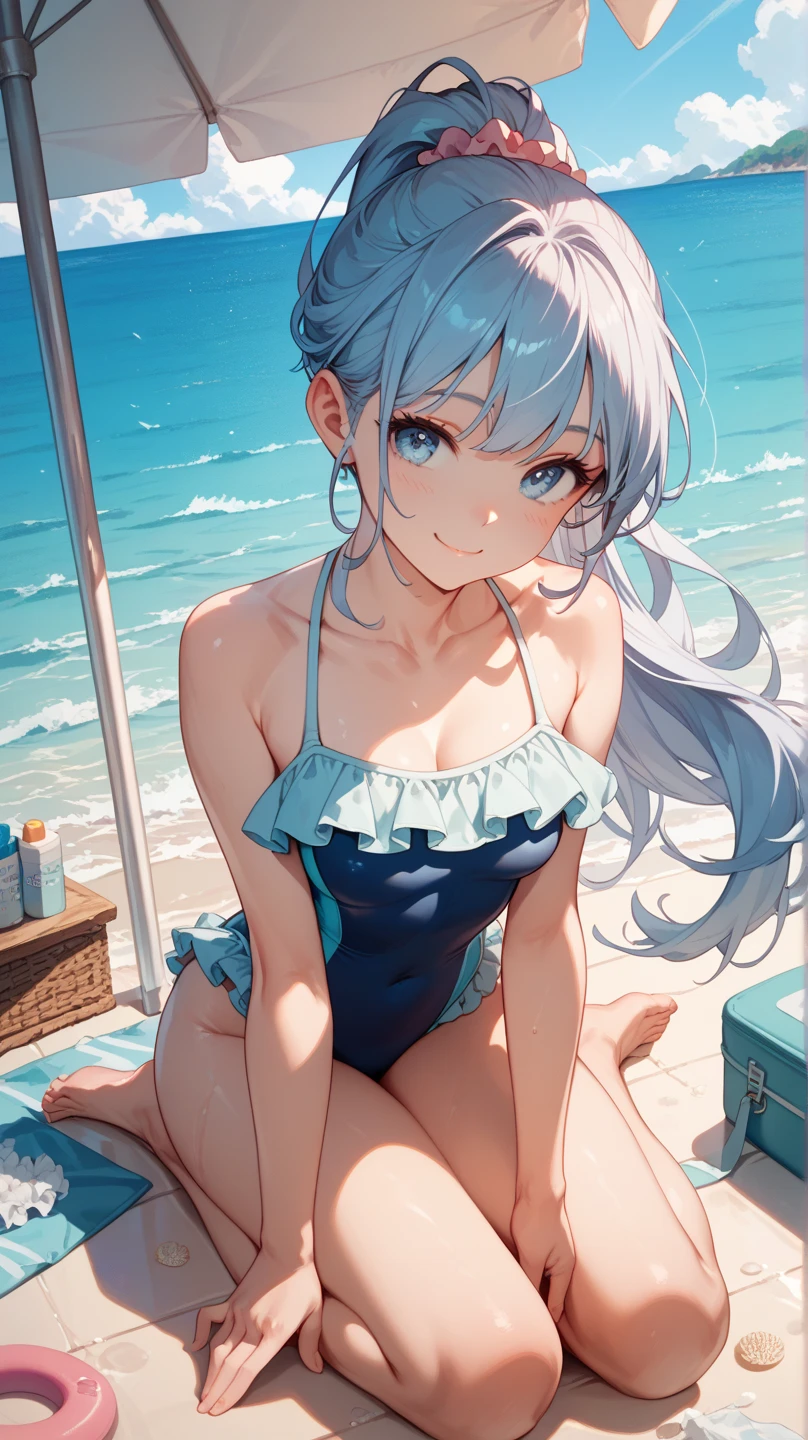 (8k、Live Shooting、Highest quality、masterpiece:1.2)、Super detailed、Ultra-high resolution、Balanced big、slender、bangs、Silver Hair、Blue Eyes、Wide Shot、Yellow Bikini、No frills bikini、String Bikini、sunny day、Sandy Beach、whole body、slouch、Bend your knees、A shy smile、Fold your hands behind your body、Facing forward、slouch、Postures that emphasize the chest、Looking Down