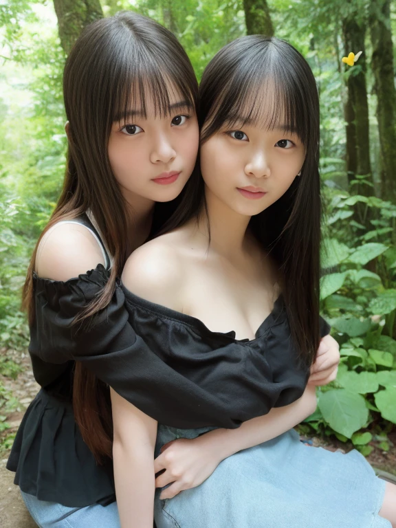 two female anime characters that hug each other in the forest in front of trees,RAW photogr,Realistic, Multiple girls, dress, Smile, 2girls, Open mouth, mitts, Braid, Earrings, White dress, jewelry, One eye closed, hair flower, hair adornments, White gloves, hug, Long hair, flower, Elbow gloves, Red eyes, view the viewer, bangs, Brown hair, Blush, bow, Yellow eyes, Bare shoulders, Black hair,