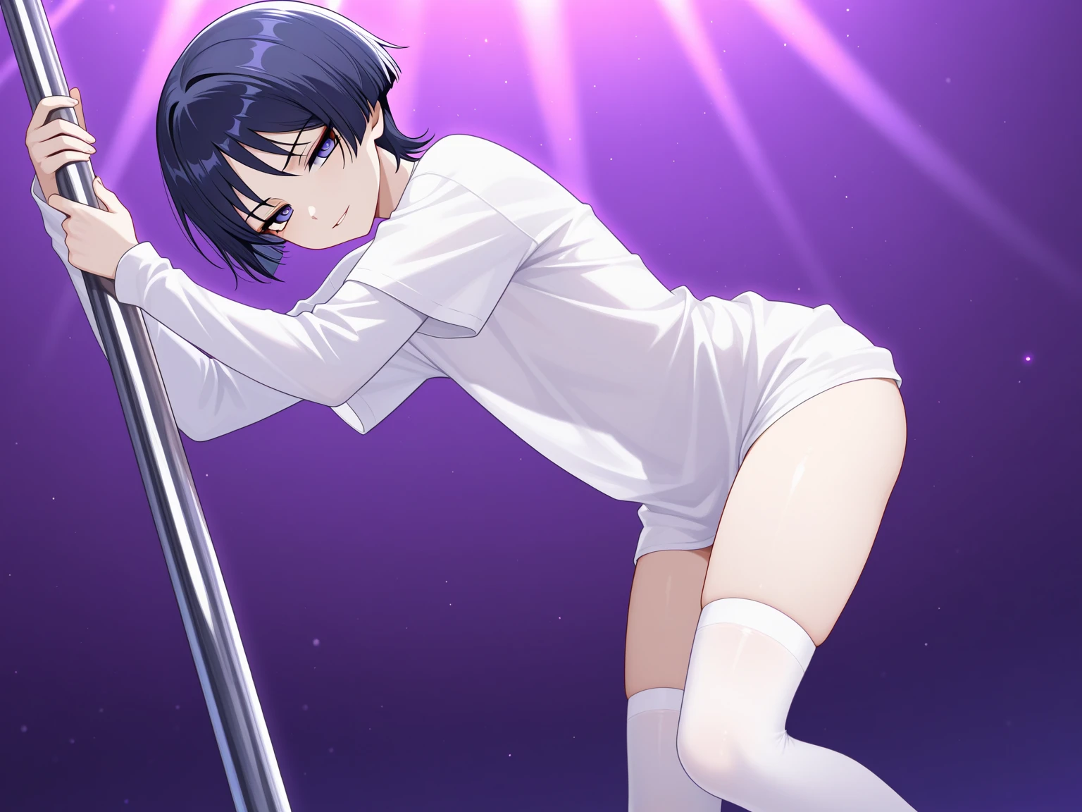 Highres, Masterpiece, Best quality at best,Best Quality,hight quality, hight detailed, Anime style, (little boys), (armpit), view from front, black choker, Sexy dancer, Pole dancer, Dancer, Purple shirt, (very young boy), (very small and short body)