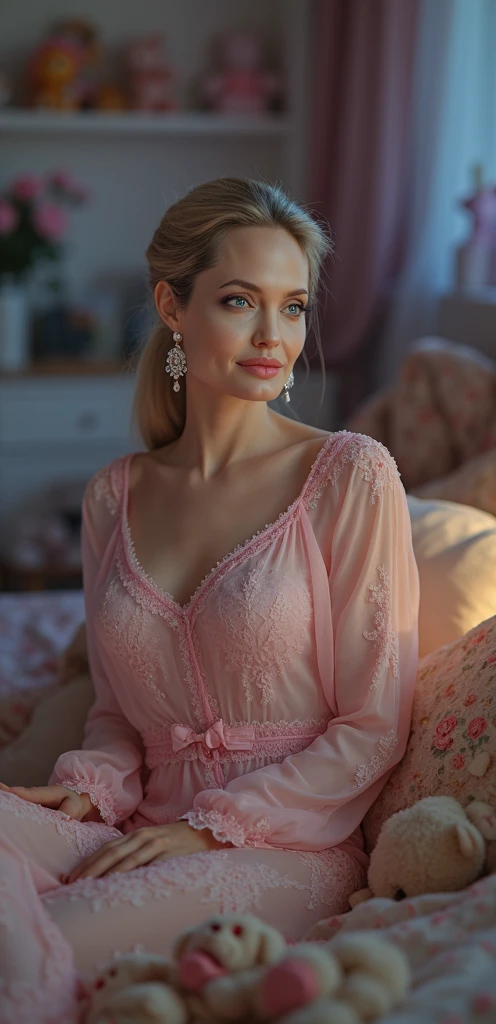 a picture,( Sicilian Goddess 1.3), (The ultimate beautiful face:1.2), Detailed eyes, lusciouslips, (D-cup bronzed breasts:1.2),Pink lace pajamas,((cleavage 1.4)),Wavy hair,cinmatic lighting,gentlesoftlighting, 8K, High-density imaging,Master masterpieces