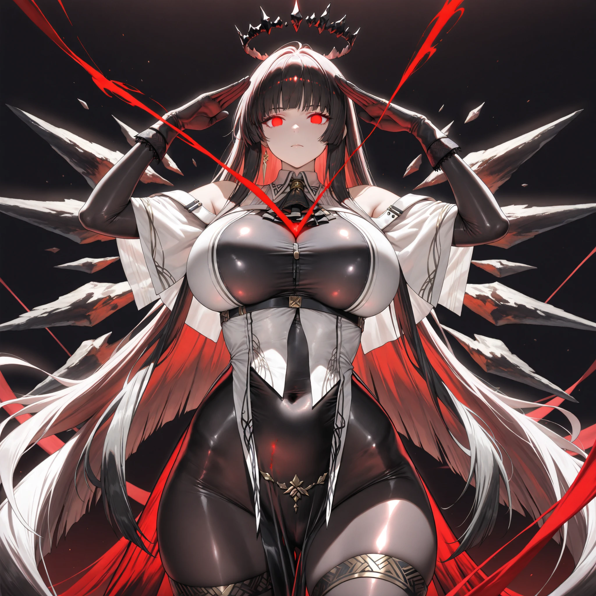 (Exquisite eyes),(Clear and beautiful eyes:1.61),masterpiece, 1 young girl,(Black clothes and some red gems), Black long hair, (She has a huge red gem on her chest), Good Hand,((The Havoc of StarCraft)),full-body shot,Fighting Stance,(Red Eyes:1.466),short and small,(Very big breasts:1.35),(Pretty Face),(full-body shot:1.33),Beautiful hands